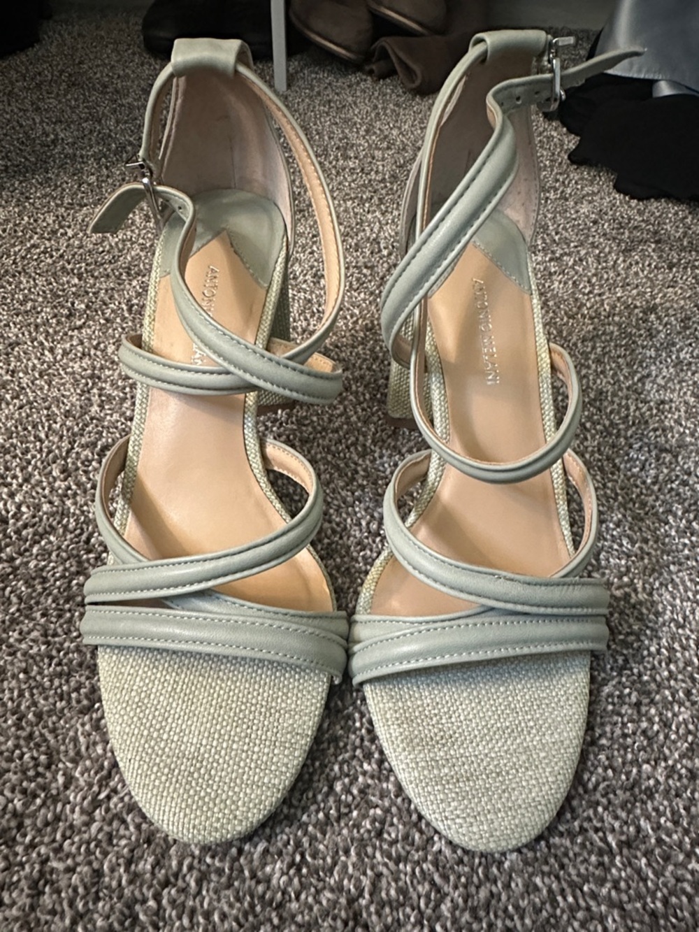 ANTONIO MELANI Sage Green Strappy Ankle-Wrap Heels